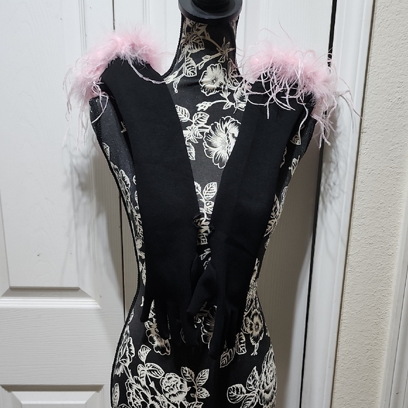 Holly Feather Black Dress with Pink Feather Trim And Matching Gloves L - Picture 7 of 8